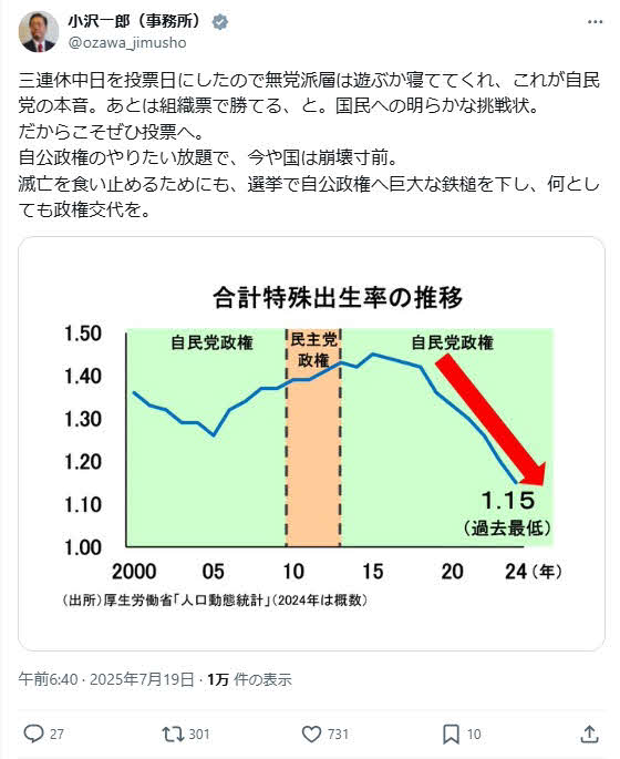 小沢一郎氏のX（旧ツイッター）から