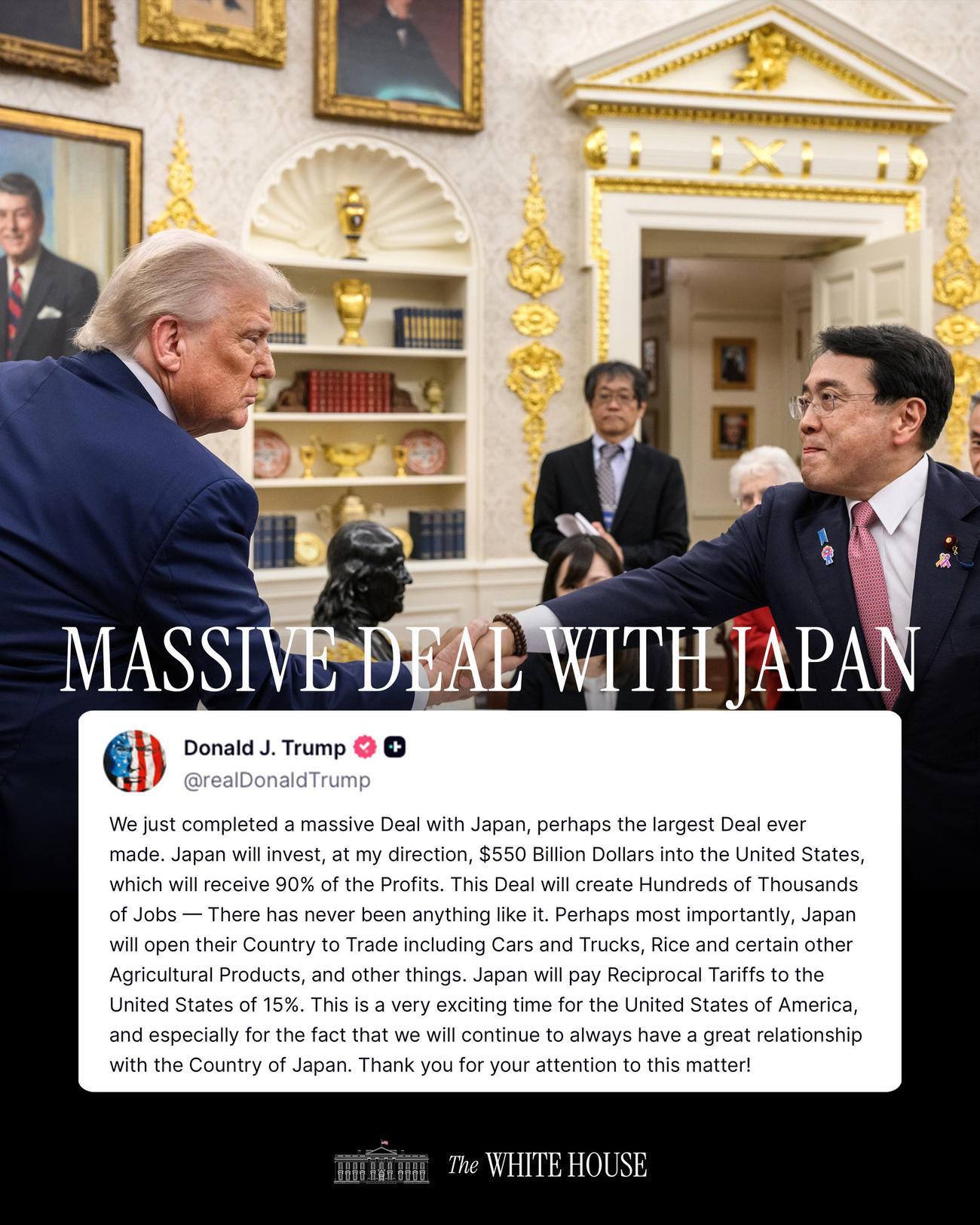 X（旧ツイッター）に投稿した、握手するトランプ大統領（左）と赤沢経済再生相（共同）
