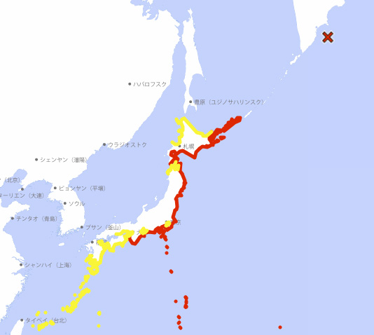 気象庁のホームページに掲載された、30日午前9時40分発表の津波警報（赤）、津波注意報（黄）（共同）