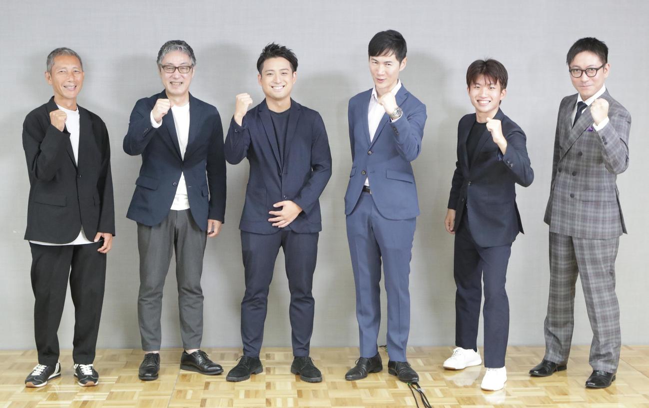 「再生の道」の代表選に出席した、左から大谷佳弘氏、水野純也氏、青柳充哉氏、石丸伸二氏、奥村光貴氏、萩原崇氏