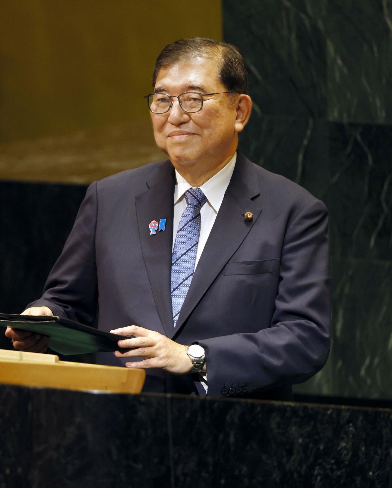 国連総会の一般討論演説を行う石破首相（共同）