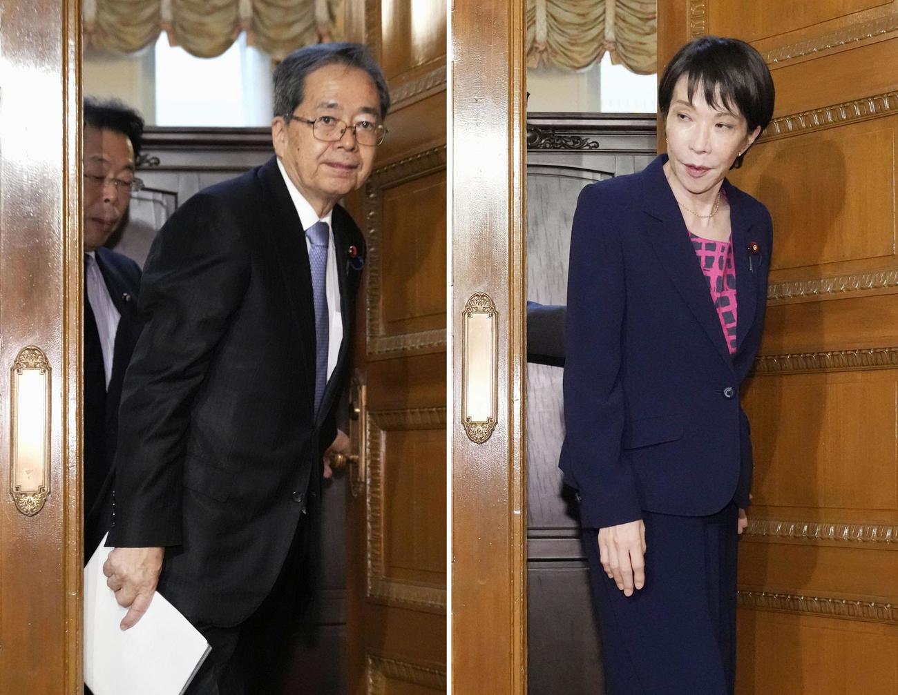 党首会談を終えた公明党の斉藤代表（左）と自民党の高市総裁。斉藤代表は会談で連立政権の枠組みから離脱すると伝えた（共同）