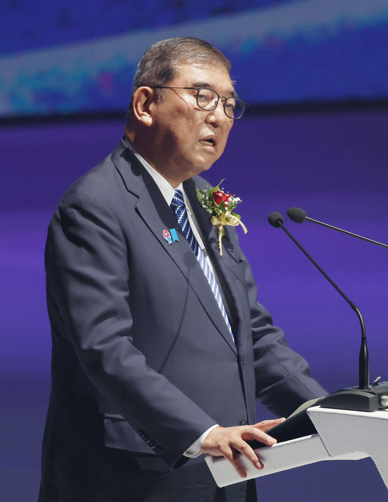 大阪・関西万博の閉会式であいさつする石破首相＝13日午後、大阪市此花区の夢洲