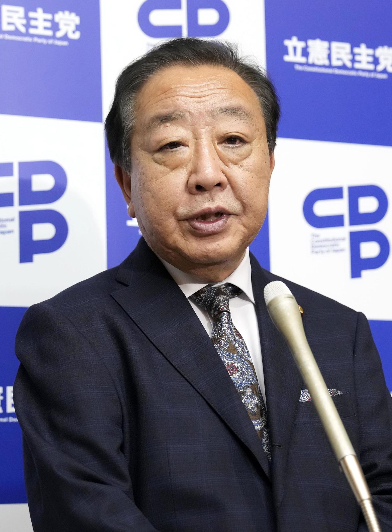3党党首会談後、記者団の取材に応じる立憲民主党の野田佳彦代表（共同）
