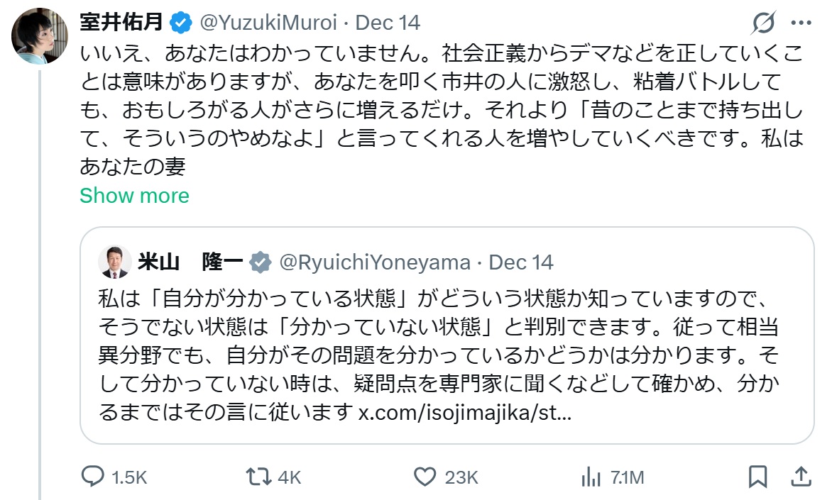 室井佑月氏のXから