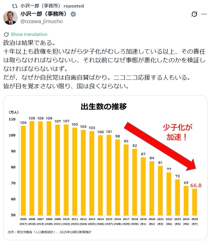小沢一郎氏のXから