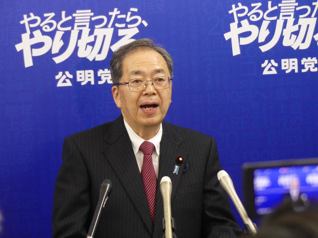 2026年1月15日、立憲民主党の野田佳彦代表との会談後、記者会見する公明党の斉藤鉄夫代表（撮影・中山知子）