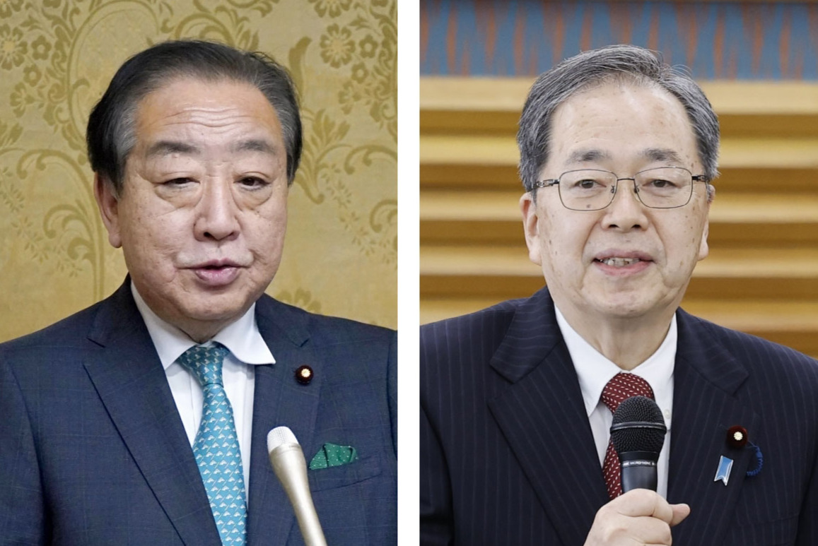 立憲民主党の野田佳彦代表、公明党の斉藤鉄夫代表（共同）