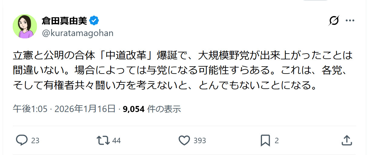 倉田真由美氏のXから