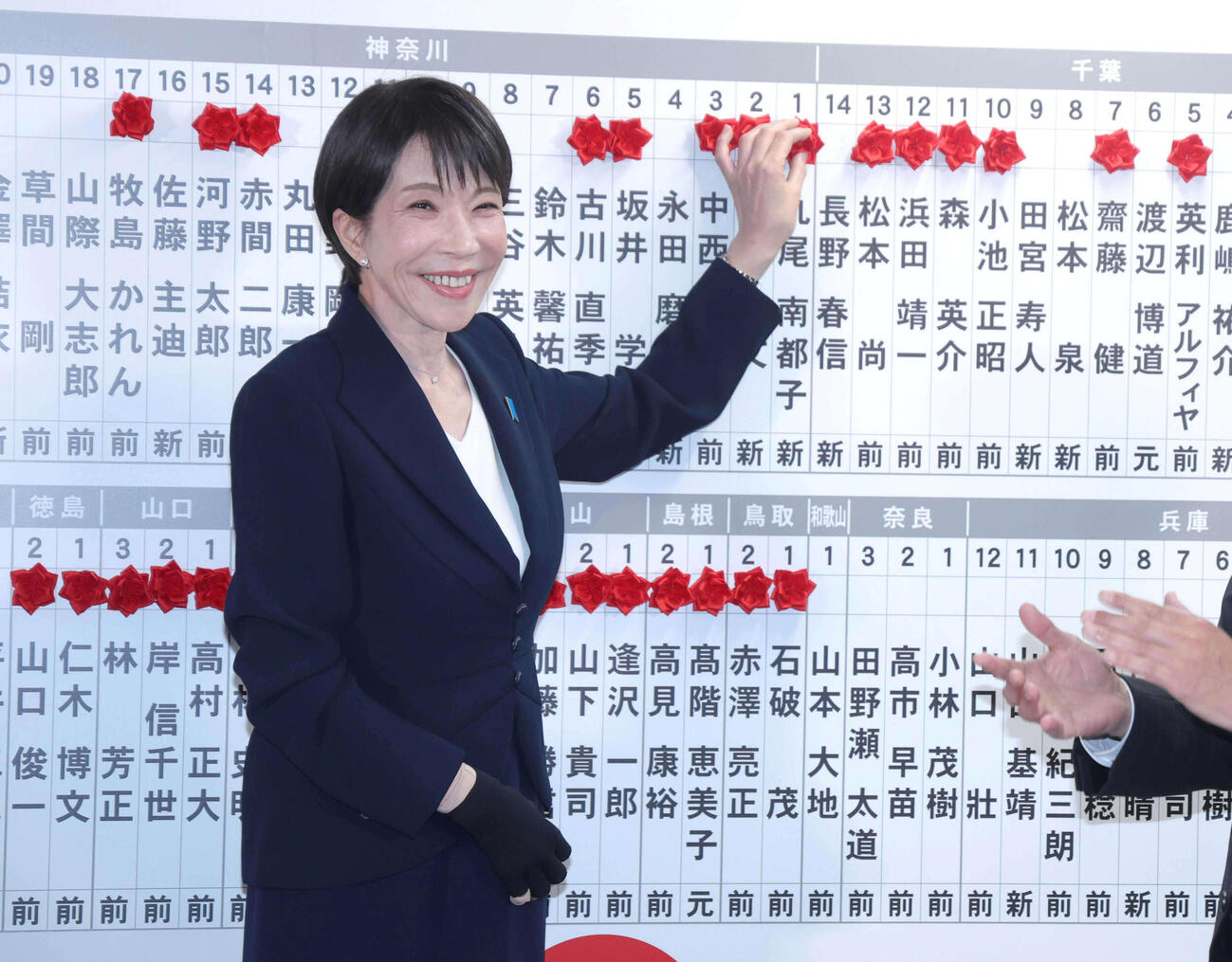 当確者の名前にバラを付ける高市早苗首相（代表撮影）