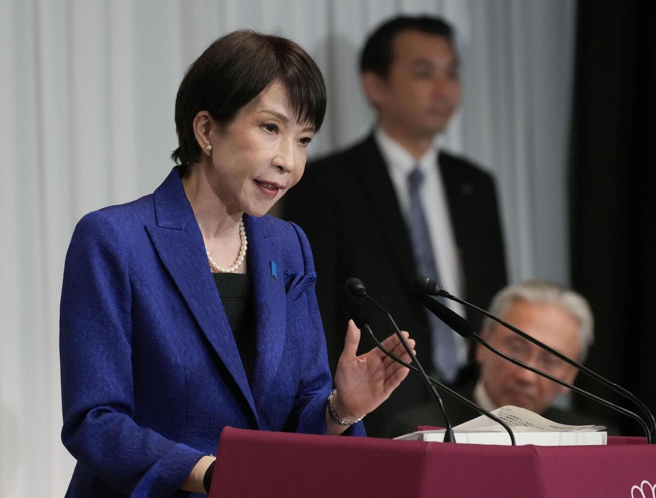 衆院選の結果を受け、記者会見する自民党総裁の高市首相（共同）