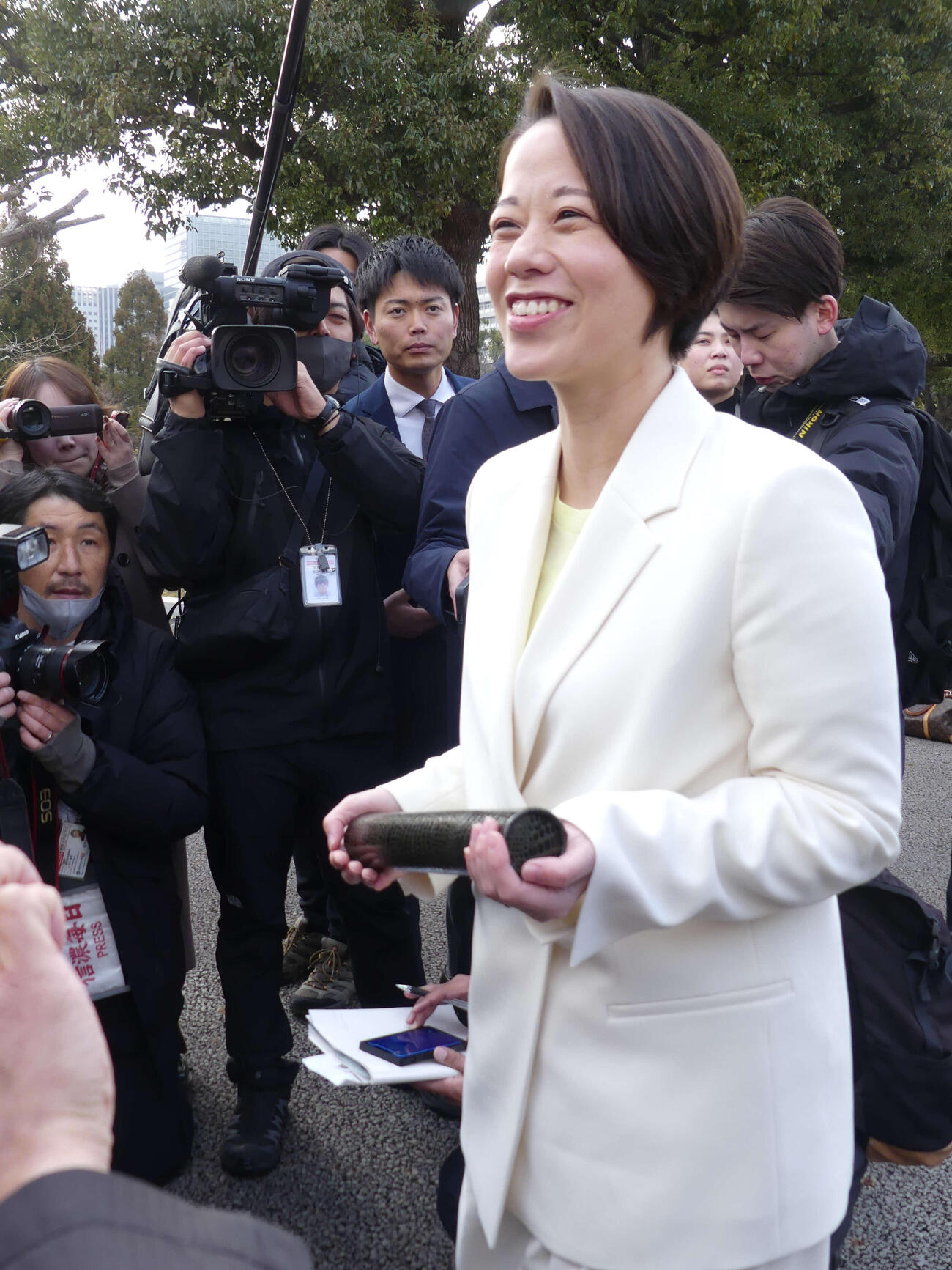 妊娠を公表して戦った衆院選を勝利し、初登院で意気込みを語る自民党の藤田ひかる衆院議員（2026年2月18日撮影）