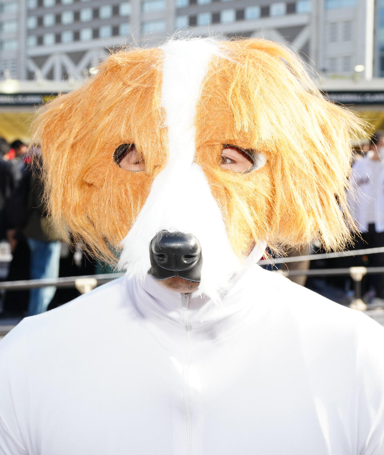 台湾対日本　試合前、東京ドーム外周で写真に納まる「デコピン」に扮（ふん）するピークゆくた！（撮影・江口和貴）