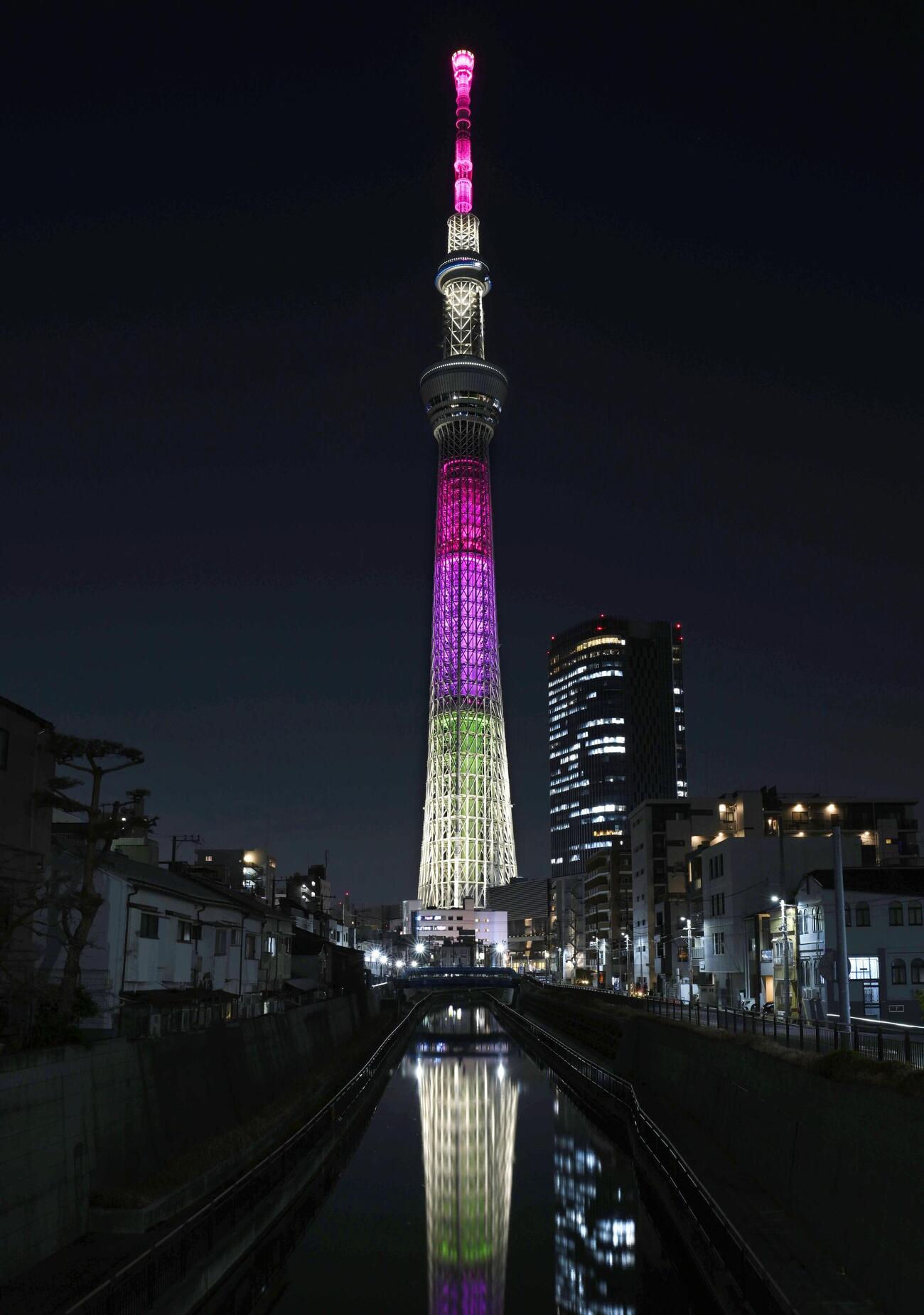 東日本大震災の被災地復興を願うライトアップが実施され、夜空に浮かび上がる東京スカイツリー（共同）