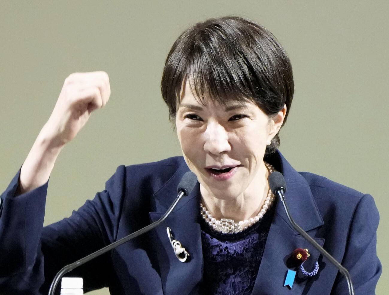 第93回自民党大会で演説する党総裁の高市首相＝12日午後、東京都内（共同）