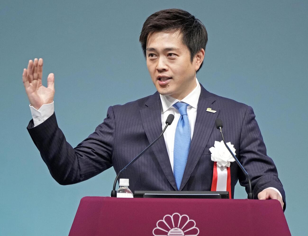 第93回自民党大会であいさつする日本維新の会の吉村代表（共同）