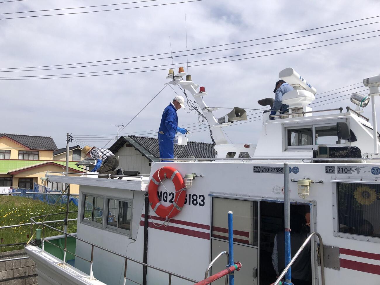大島海友会が行った、小型船「ひまわり」のボディーなどのペンキ塗り