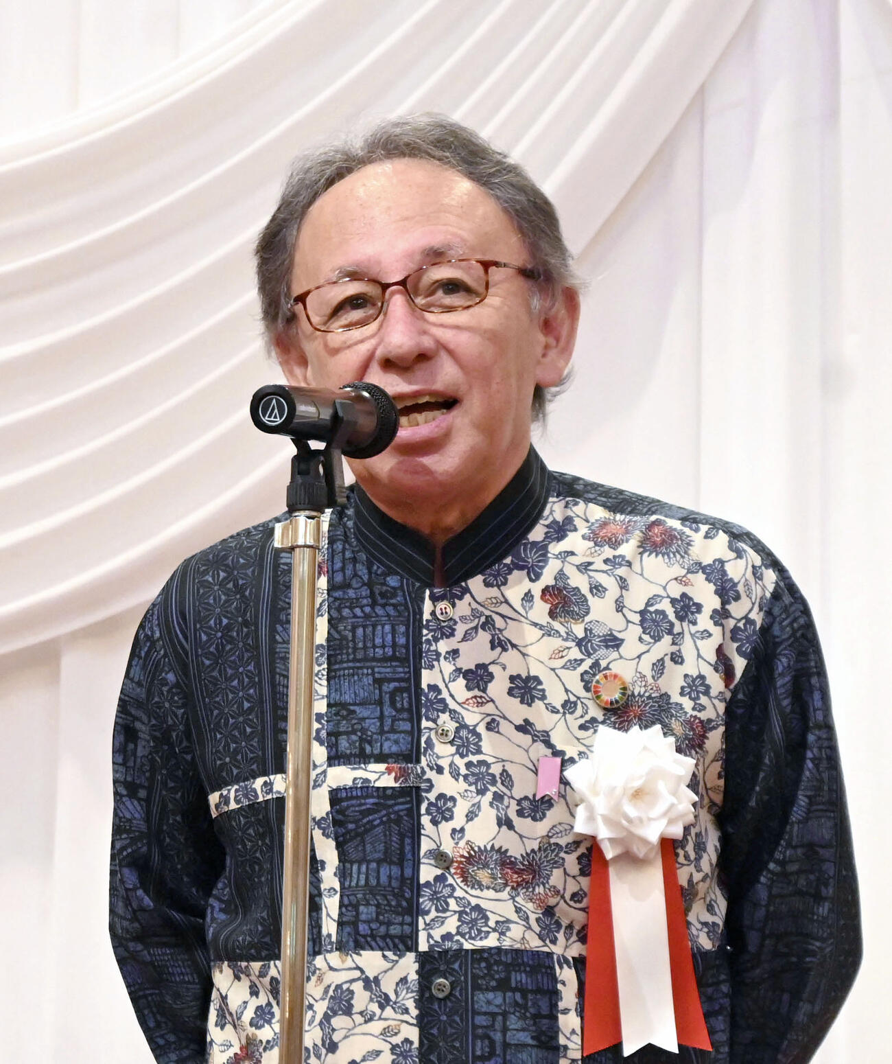 東京都内で開かれた会合であいさつする沖縄県の玉城デニー知事（共同）