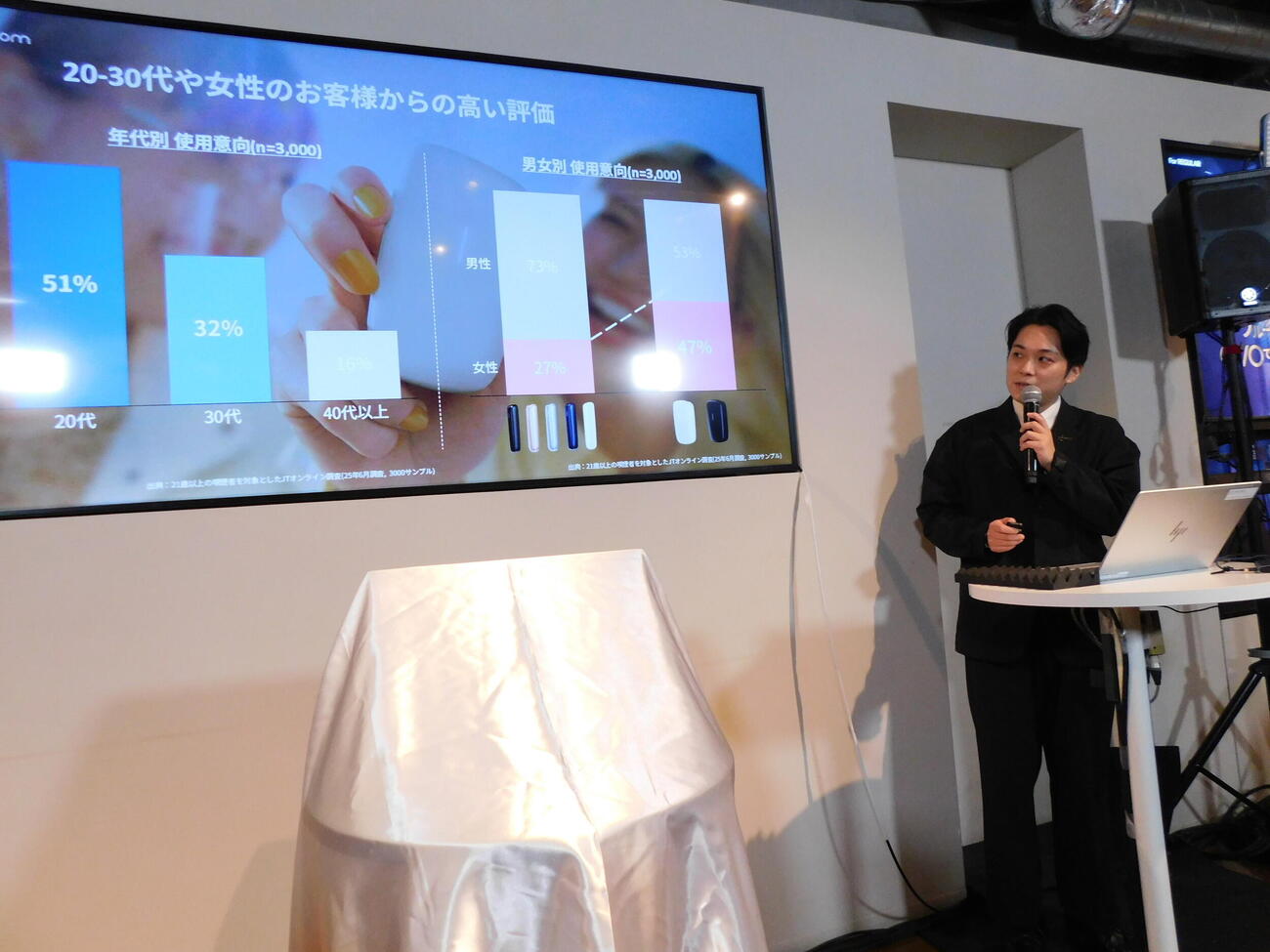 デザイン刷新した「Ploom CUBE」を発表するJT金子都輝RRP商品企画部ブランドマネージャー