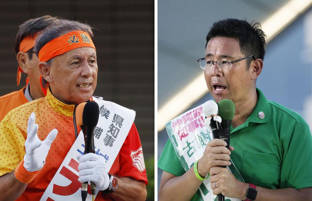 沖縄県知事選の選挙戦最終日を迎え、街頭演説で支持を訴える（右から届け出順に）古謝玄太氏、玉城デニー氏（共同）