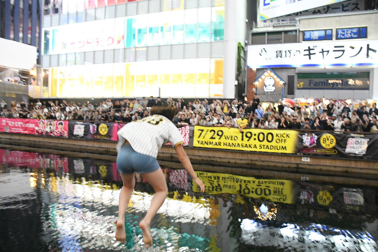 阪神リーグ優勝決定でダイブするファン（撮影・阪口孝志）