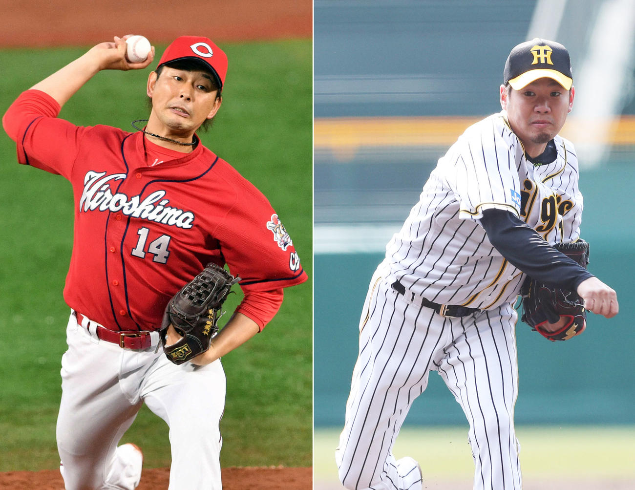 広島大瀬良（左）、阪神西勇輝