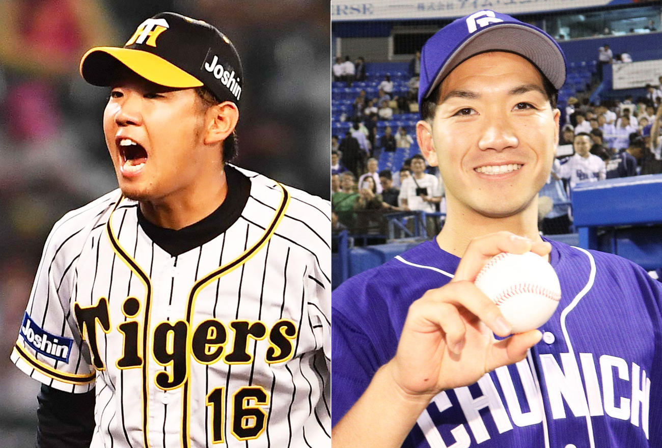 阪神西勇輝、中日勝野昌慶（右）