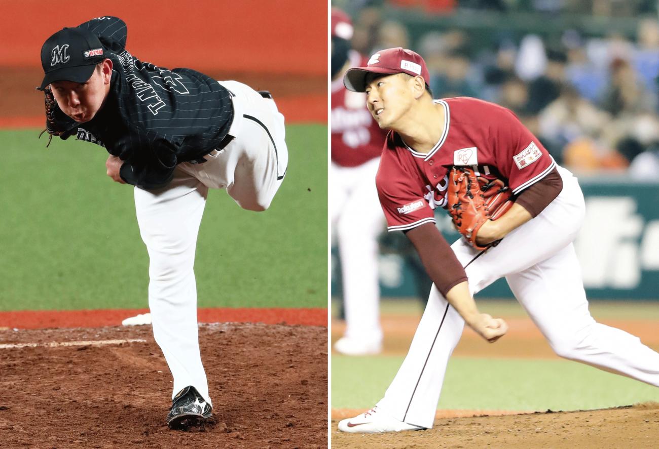 ロッテ中村稔弥（左）と楽天福井優也