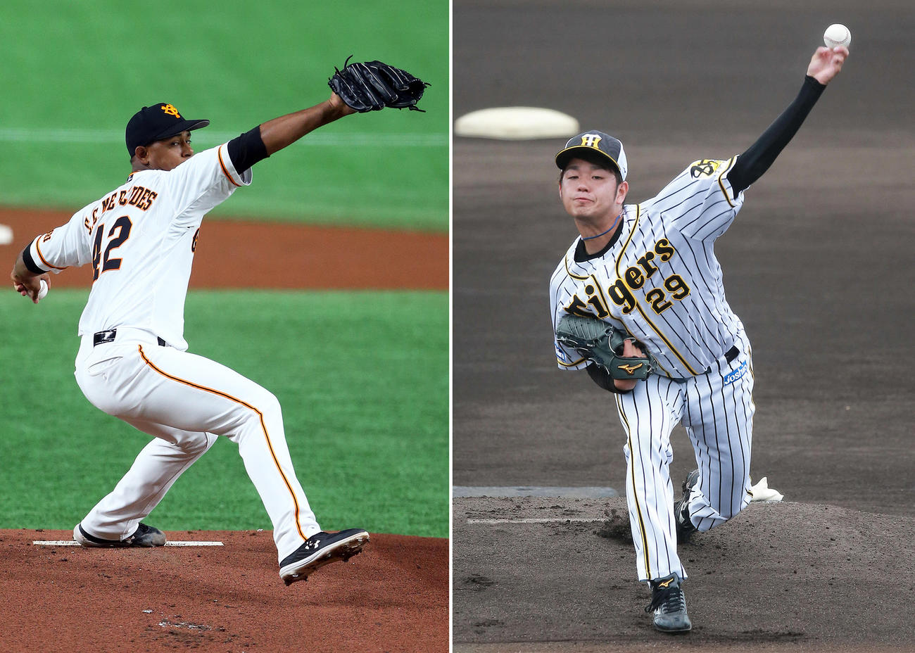 巨人メルセデス（左）、阪神高橋