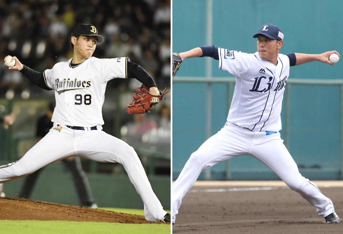 オリックス張奕（左）と西武内海哲也