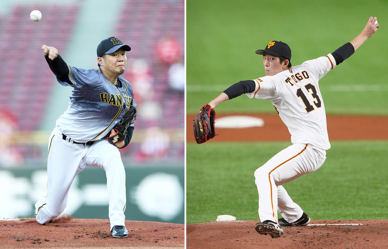 阪神西勇輝（左）、巨人戸郷