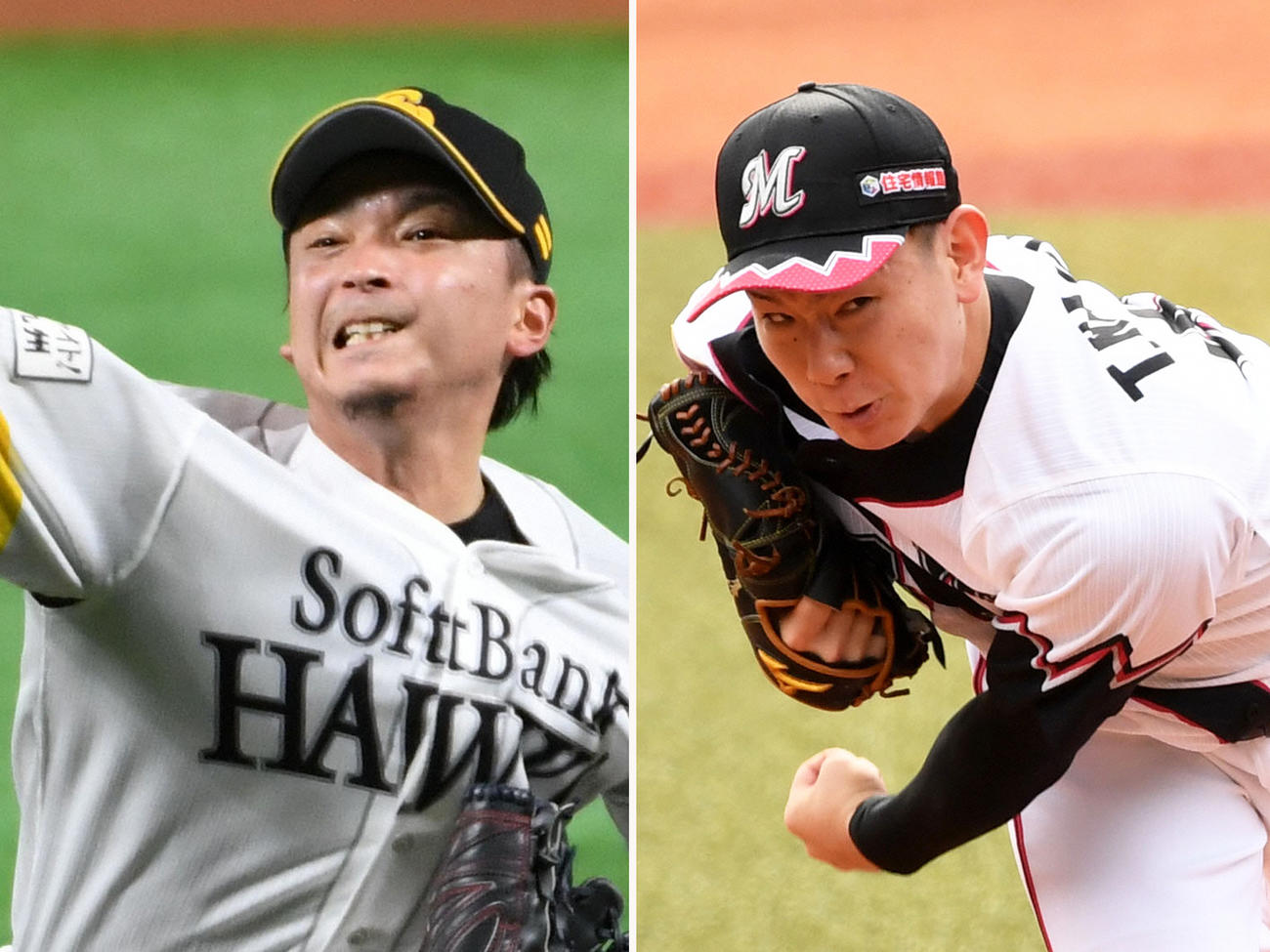 ソフトバンク東浜（左）とロッテ中村稔