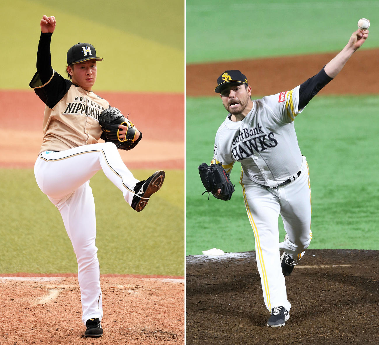 日本ハム吉田輝星（左）、ソフトバンク・ムーア