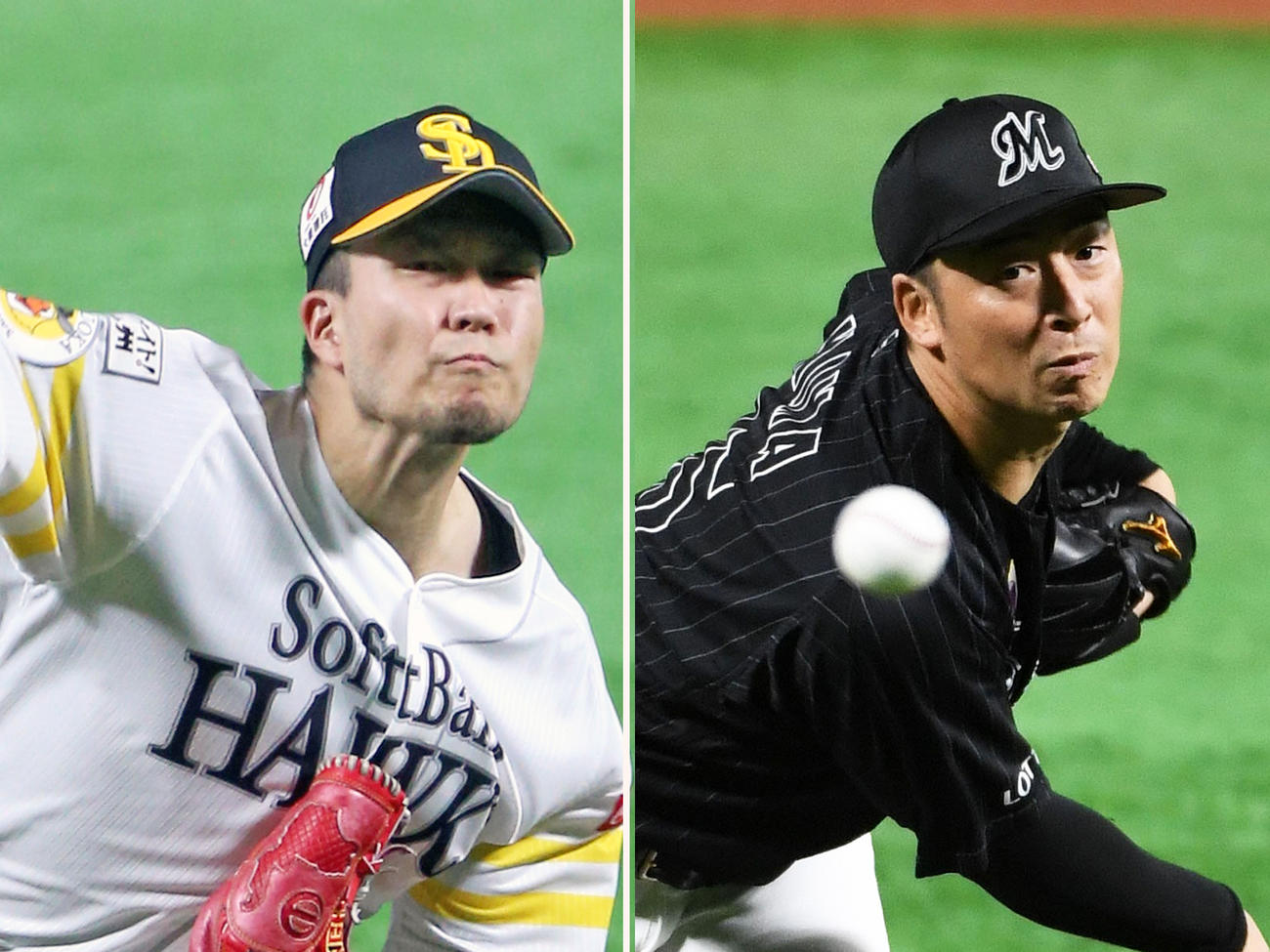 ソフトバンク千賀（左）とロッテ美馬
