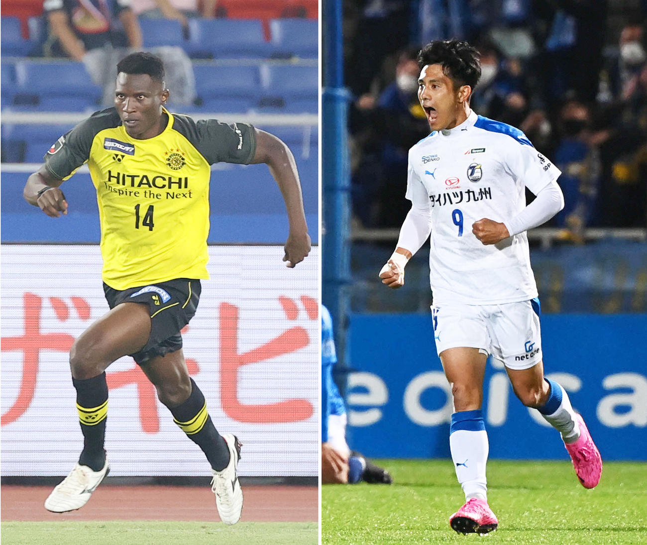 柏FWオルンガ（左）、大分ＦＷ知念慶