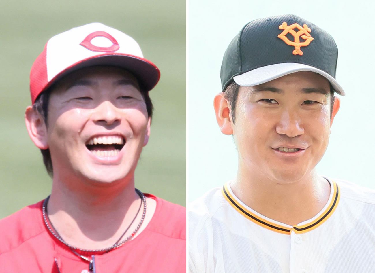 広島大瀬良大地、巨人菅野智之（右）
