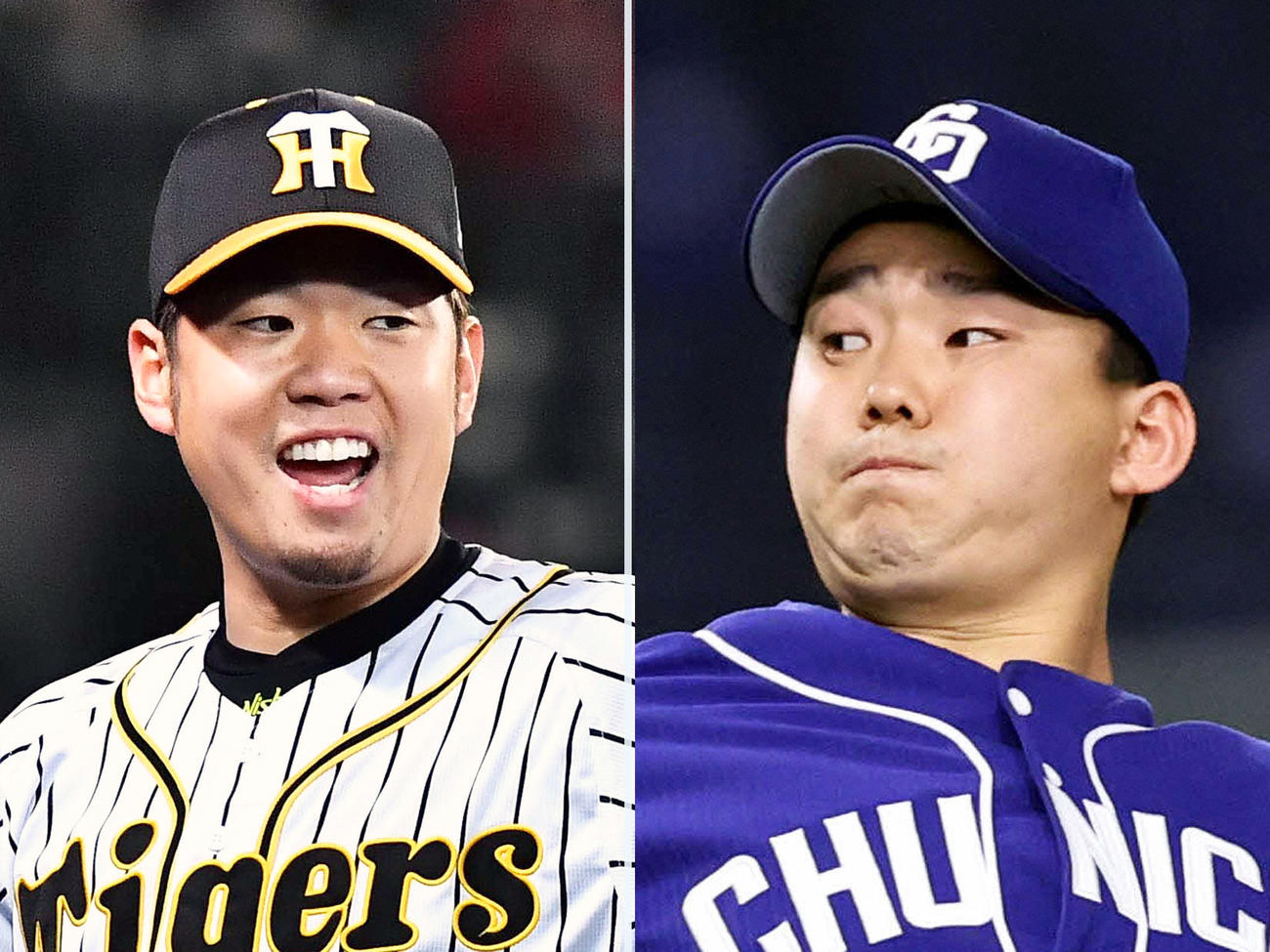 阪神西勇輝（左）と中日小笠原