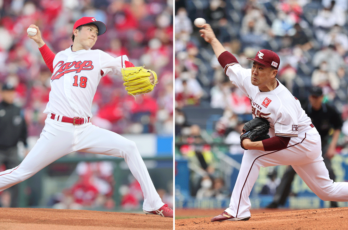 広島森下暢仁（左）と楽天田中将大