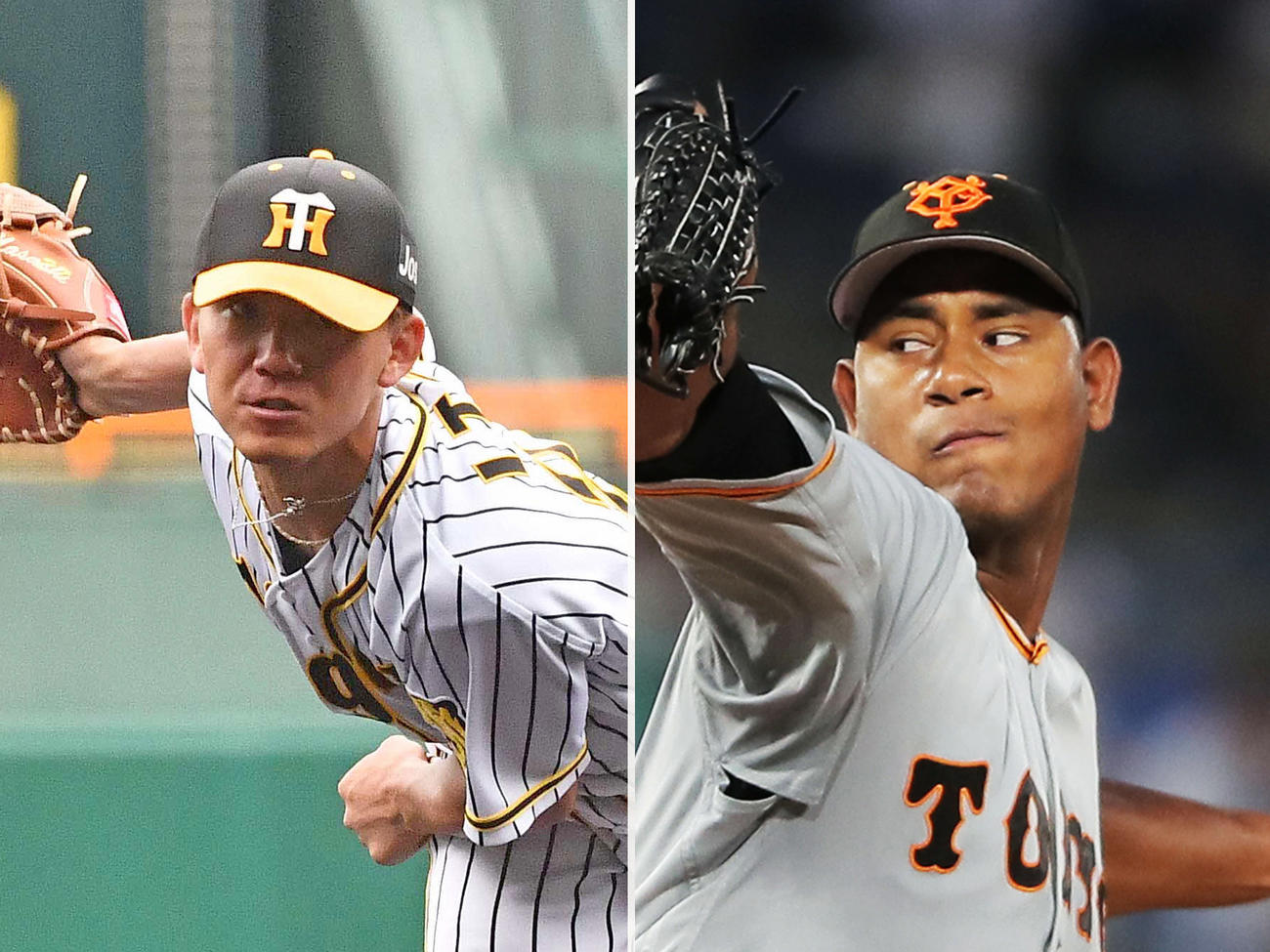 阪神伊藤将（左）と巨人メルセデス