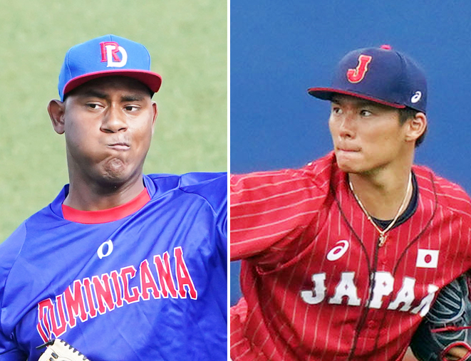 ドミニカ共和国のメルセデス（左）、侍ジャパン山本由伸