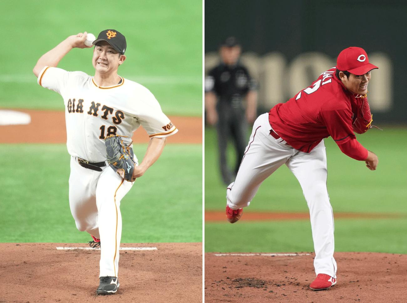 巨人菅野智之（左）と広島九里亜蓮