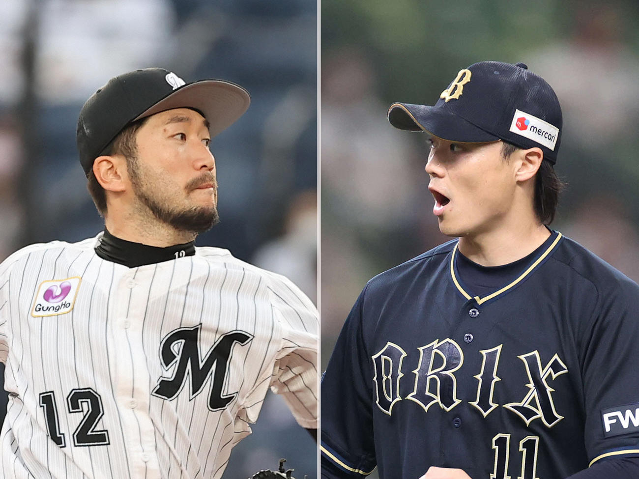 ロッテ石川（左）とオリックス山崎福