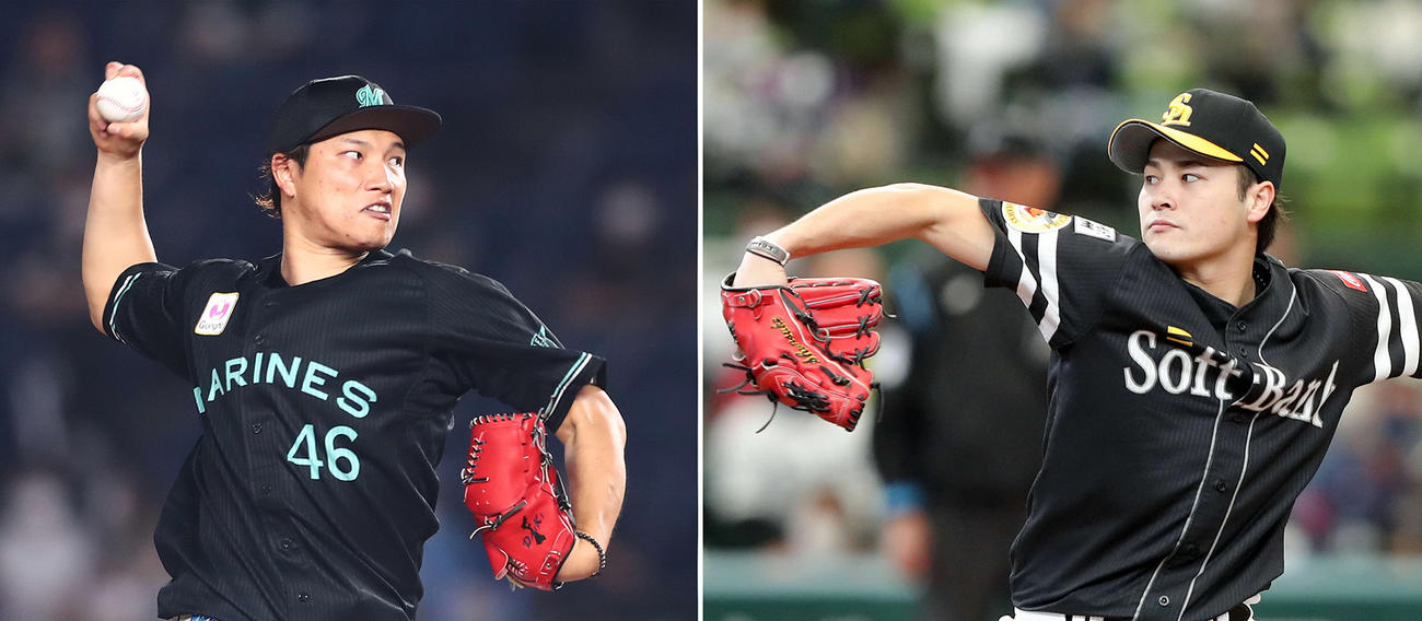 ロッテ岩下大輝（左）、ソフトバンク笠谷俊介