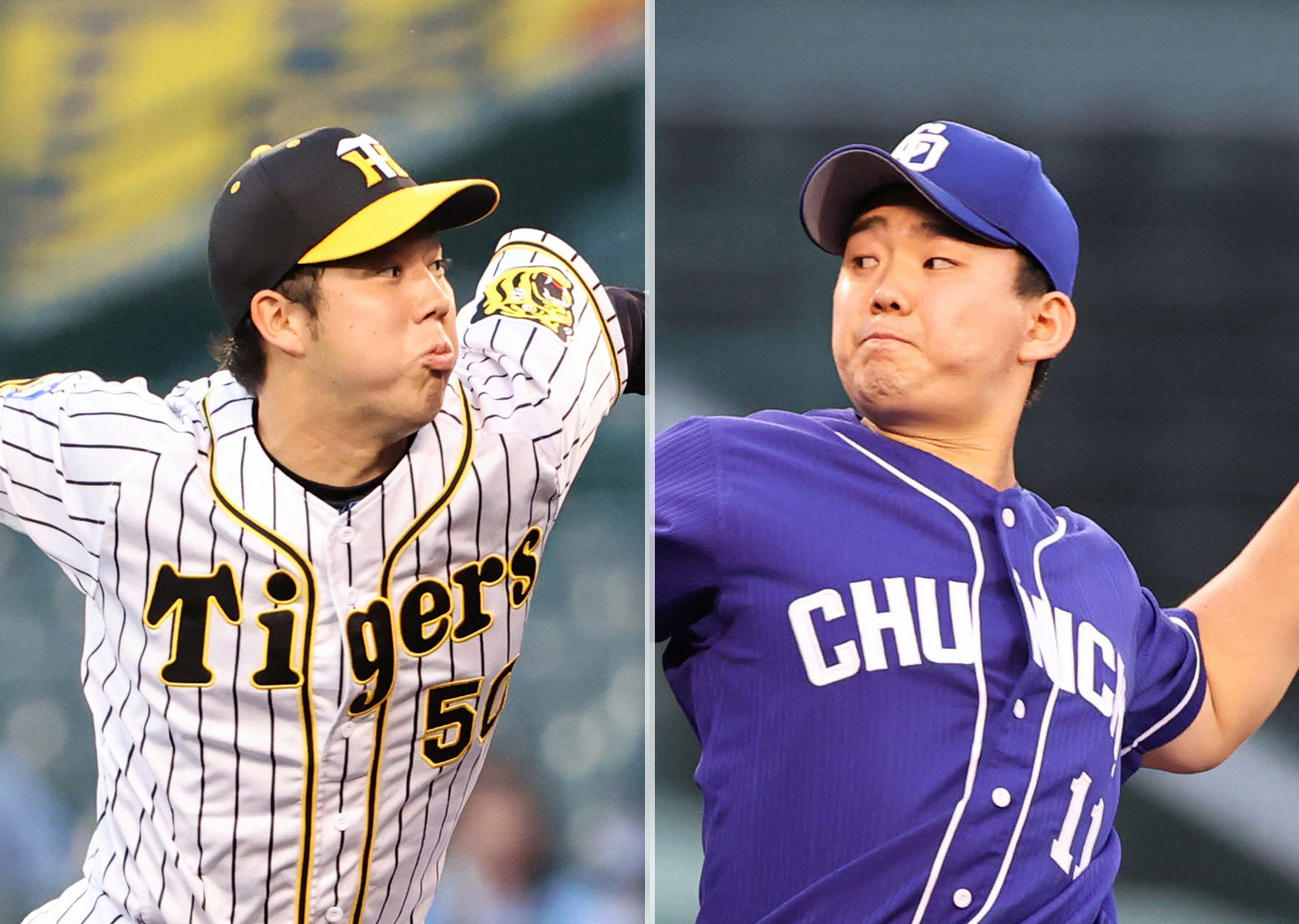 阪神青柳（左）と中日小笠原