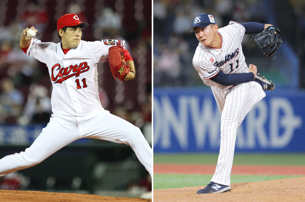 広島九里亜蓮（左）とヤクルト奥川恭伸