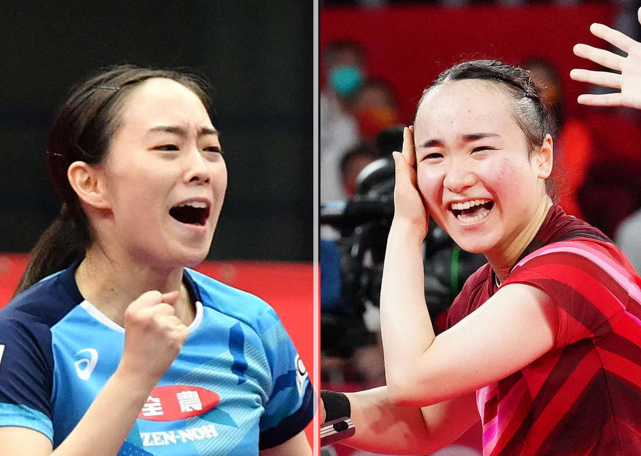 昨年の全日本選手権を制した石川佳純（左）と伊藤美誠