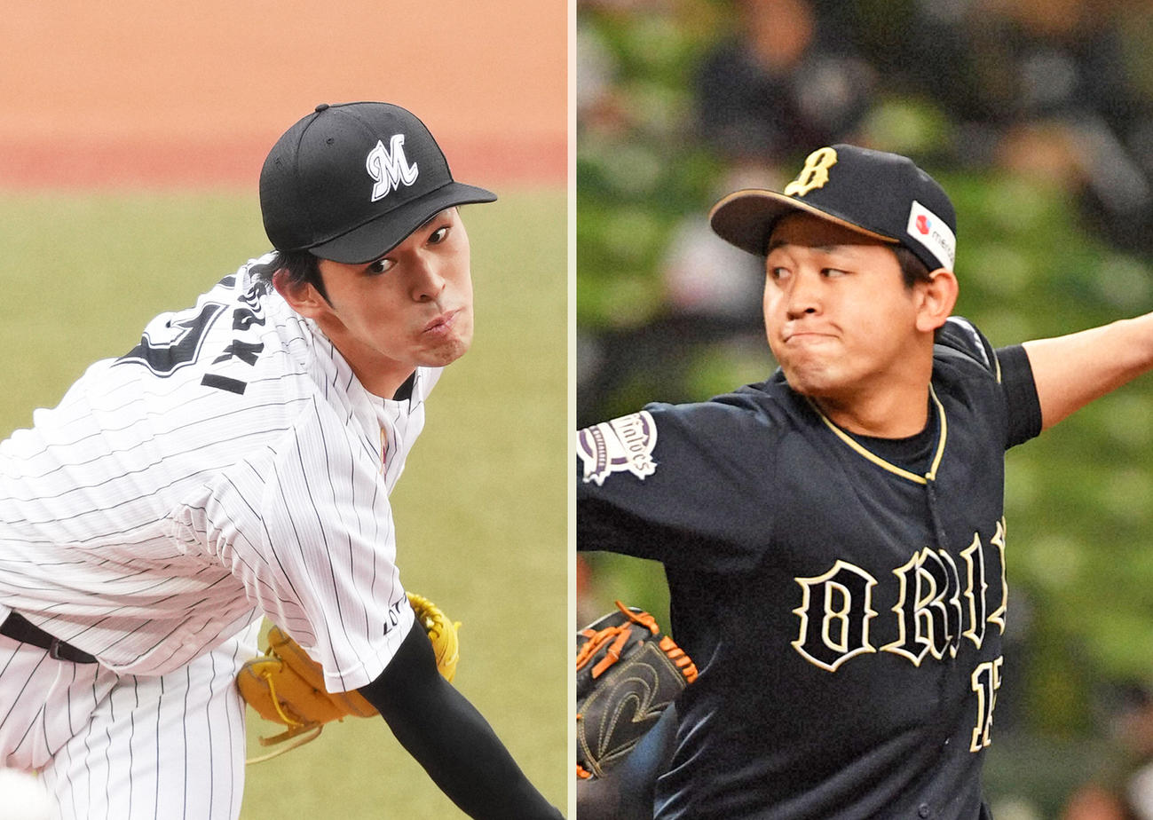 ロッテ佐々木朗希（左）とオリックス宮城