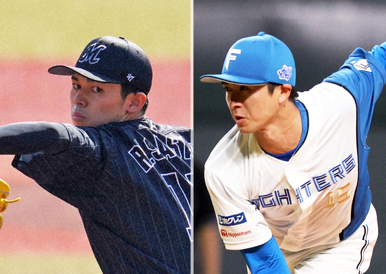 ロッテ佐々木朗希（左）と日本ハム上沢