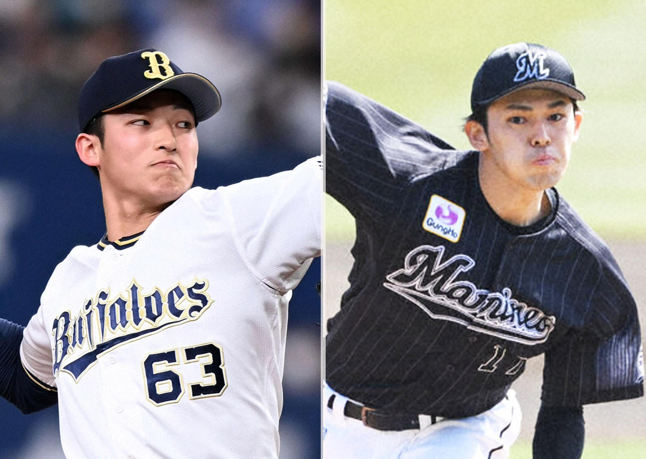 オリックス山崎颯一郎（左）とロッテ佐々木朗希