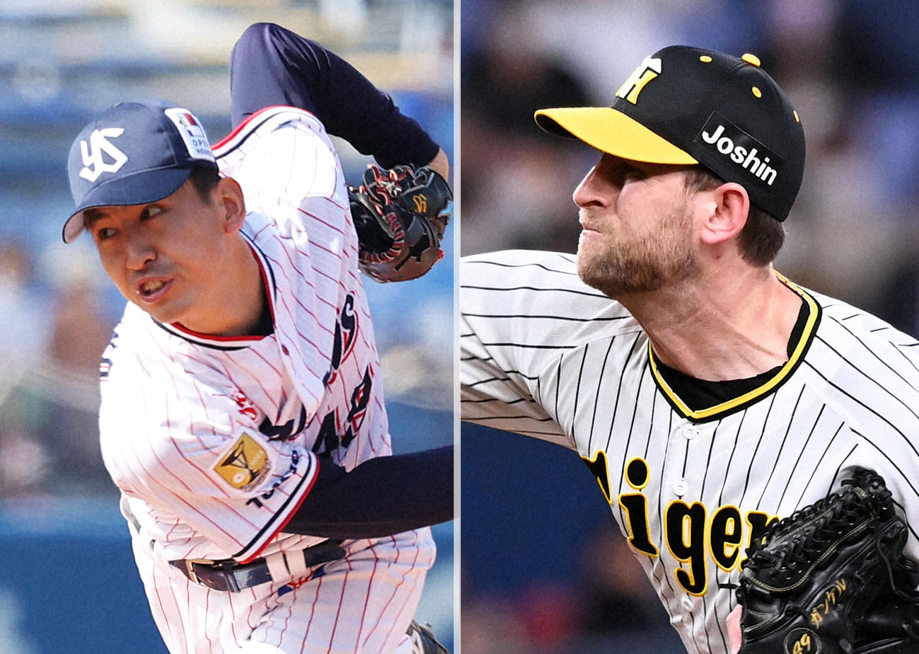 ヤクルト金久保（左）と阪神ガンケル